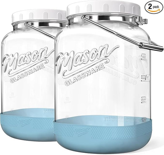 2 Pack 1.5 Gallon Glass Jar With Airtight Lid, Large Mason Jars Wide Mouth with Scale Marks, Big Glass Storage Containers with Heavy-duty Handles & Non-slip Bases - for Flour, Pickling (192Oz