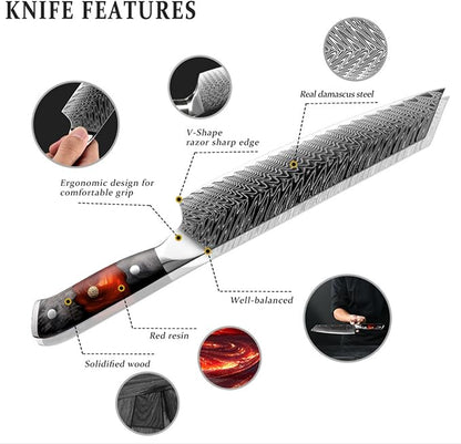 Nordic New Sparta Series Pro Kiritsuke Damascus Chef Knife, Japanese VG10 Super Steel, 67 Layers Damascus Steel, Resin and Maple Wood Handle and Leather Sheath (Kiritsuke Knife)