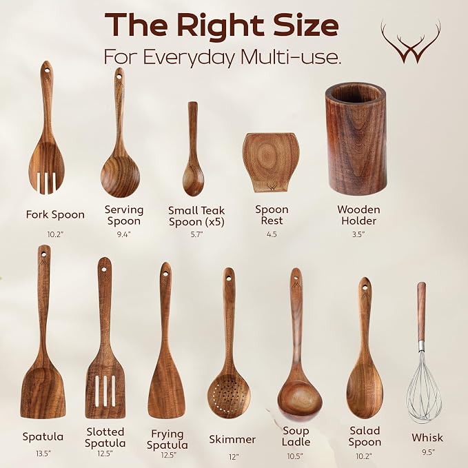 16 Pcs Teak Wooden Cooking Utensils Set – Premium Teak Wooden Utensil Set with Holder, Wooden Spoons for Cooking, Spatulas & Ladle – Durable Kitchen Utensils for Everyday Use - Cooking Utensils Set