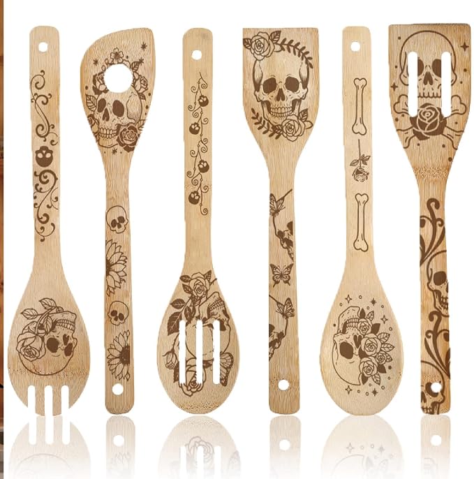 6Pcs 6 Styles Skull Cooking Utensils Bamboo Kitchen Spoons 2.4 x 11.8 Inch Durable Wooden Spoon Set for Men Women Friends Halloween Housewarming Birthday Gift Wedding Apartment Essentials