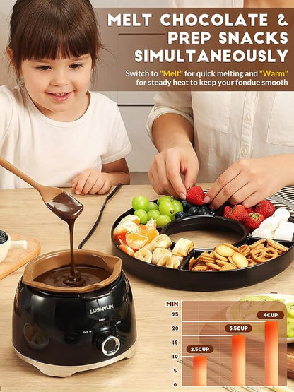LUSHYUM Chocolate Fondue Pot Set Electric Melting Machine, 4-Cup Capacity 4 Trays 6 Forks 1 Spatula Cheese Warmer, Ideal Gift for Couple Family & Date Night Idea House Warming Holidays, Black