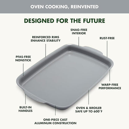GreenPan Premiere Ovenware Healthy Ceramic Nonstick 13" x 9" Quarter Sheet Baking Pan, PFAS-Free, Warp-Free Bakeware, Durable Quick Heating, Oven & Broiler Safe to 600F, Dishwasher Safe, Gray