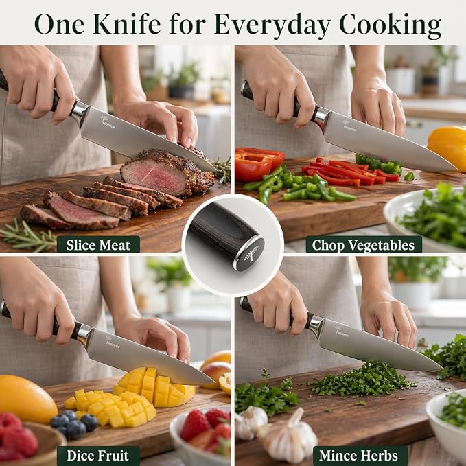MERKEN 8 Inch Chef Knife, 5Cr15MoV High Carbon Stainless Steel Blade with Pakkawood Handle