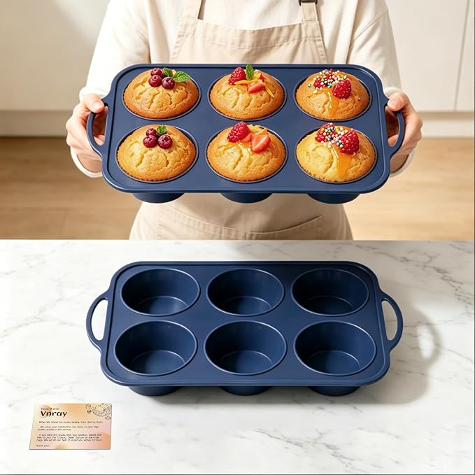2 Pack Jumbo Silicone Muffin Pan with Metal Frame, Non Stick Silicone Cupcake Pan with Handles 6 Cup, BPA Free Silicon Muffin Tin Tray Extra Large for baking, egg bites, Cupcake Mold Grey