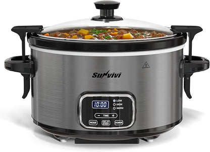 4QT Slow Cooker, Programmable Pot with Removable Ceramic Pot, Locking Lid, 3 Heating Settings & Time Control,Dishwasher-safe Lid & Pot, Grey