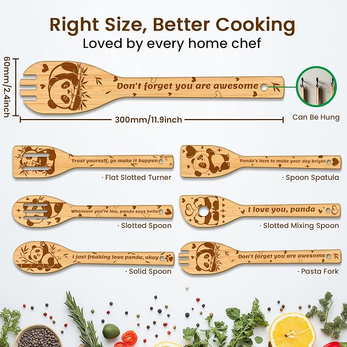CUTHOLLOW 6PCS Pandas and Bamboo Wooden Kitchen Cooking Utensil Set, 11.9in Non Toxic Bamboo Wood Spoon Set for Cooking, Best Housewarming Birthday Thanksgiving Christmas Gift for Women Mother