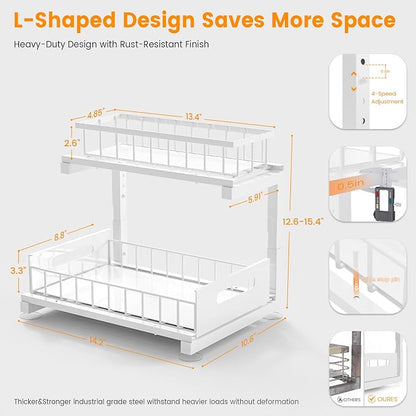 Under Sink Organizer, Heavy Duty Metal Pull Out Cabinet Organizer Slide Out Sink Shelf Organizer Height Adjustable, Multi-Purpose Storage Shelf for Kitchen Bathroom(White,2Pack)