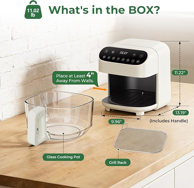 5 Quart Glass Air Fryer, Non Toxic & Uncoated High Borosilicate Glass Basket, Airfryer with Transparent Fry Bowl, 8 Preset Modes, PTFE/PFAS Free, BPA-Free, Dishwasher Safe, White