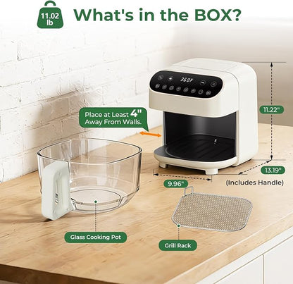 5 Quart Glass Air Fryer, Non Toxic & Uncoated High Borosilicate Glass Basket, Airfryer with Transparent Fry Bowl, 8 Preset Modes, PTFE/PFAS Free, BPA-Free, Dishwasher Safe, White