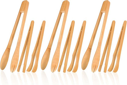 Zopeal 9 Pcs Bamboo Utensils for Cooking Wooden Toaster Tongs Long Cooking Salad Tongs for Picking up Cheese Bacon Toast Cake Fruits Bread Spaghetti for Kitchen Women Men