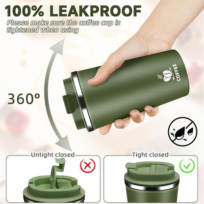 Insulated Travel Coffee Mug Reusable Coffee Tumbler Cup with Flip Lid Leak Proof Spill Proof for Office School Party Camping Hot and Cold Drink,Stainless Steel 17oz (Army Green)