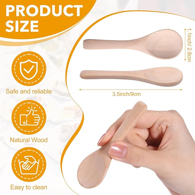 Boao 100 Pcs Small Wooden Spoons, 3.5'' L, Mini Wood Natural Tiny Spoons Wooden Little Teaspoons for Jars Sugar Creamer Honey Spices Salt Kitchen Supplies (Light Wood)