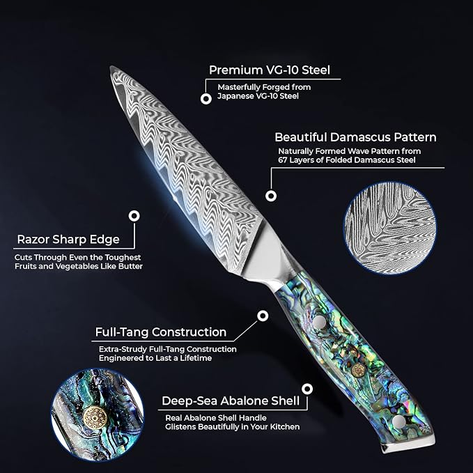 SENKEN Damascus Steel 3.5" Paring Knife with Real Deep-Sea Abalone Shell Handle - Damascus Peeling Knife - 67-Layer Japanese VG10 Forged Steel Blade, Integrated Full-Tang Molding (3.5" Paring Knife)