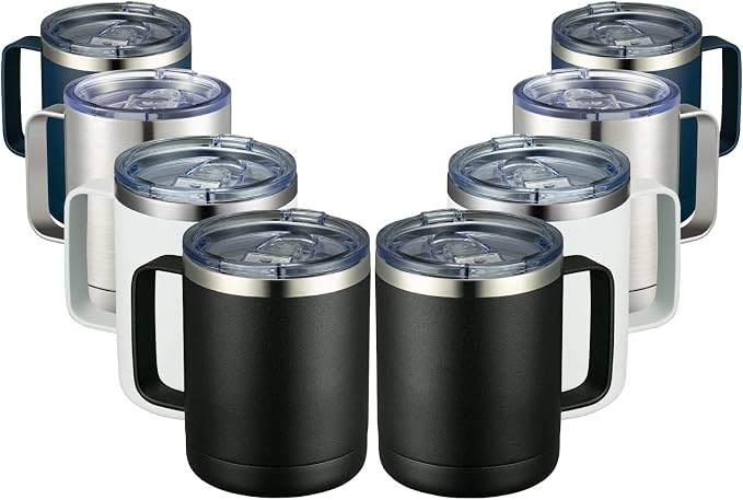 MEWAY 12oz Coffee Mug With Handle 8 Pack Bulk,Stainless Steel Insulated Travel Tumblers With Sliding Lid,Double Wall Vacuum Camping Cup for Hot & Cold Drinks Tea (Multicolor,Set of 8)