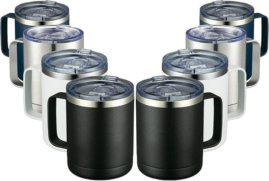 MEWAY 12oz Coffee Mug With Handle 8 Pack Bulk,Stainless Steel Insulated Travel Tumblers With Sliding Lid,Double Wall Vacuum Camping Cup for Hot & Cold Drinks Tea (Multicolor,Set of 8)