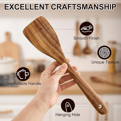 Best Non Toxic Wooden Spatula for Cooking Utensil Set Acacia Wood Spatula Set of 4, Bamboo Cooking Spoon Flat Slotted Turner Spatulas for Kitchen Use Cast Iron Scraper Spurtle Thin Egg Flipper Spatula