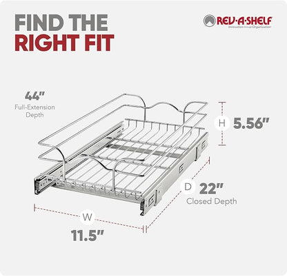 Rev-A-Shelf Steel Wire Pullout Drawer Organizer Shelf for Kitchen Cabinets, Slide Out Storage Basket, Min Opening Width of 11.5" W, 12" x 22", 5WB1-1222CR-1