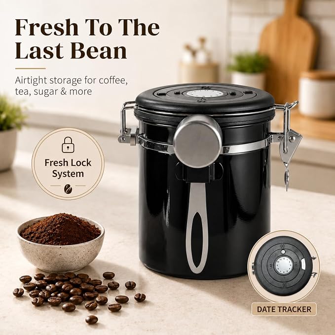 Mixpresso 16 Oz Black Coffee Canister, Stainless Steel Airtight Coffee Container, Air tight Jar Tea Storage with Date Tracker, Vacuum Sealed Espresso Airtight Canister, Sugar Container for Home