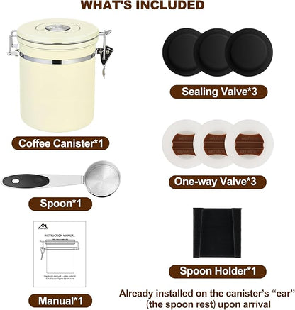 ShanSon Coffee Canister Airtight, Stainless Steel Bean Storage Container with Date Tracker & Scoop, Grounds Sugar Flour Tea Cereal Fits Kitchen Pantry, Ideal Gift for Coffee Lovers,22oz,Beige