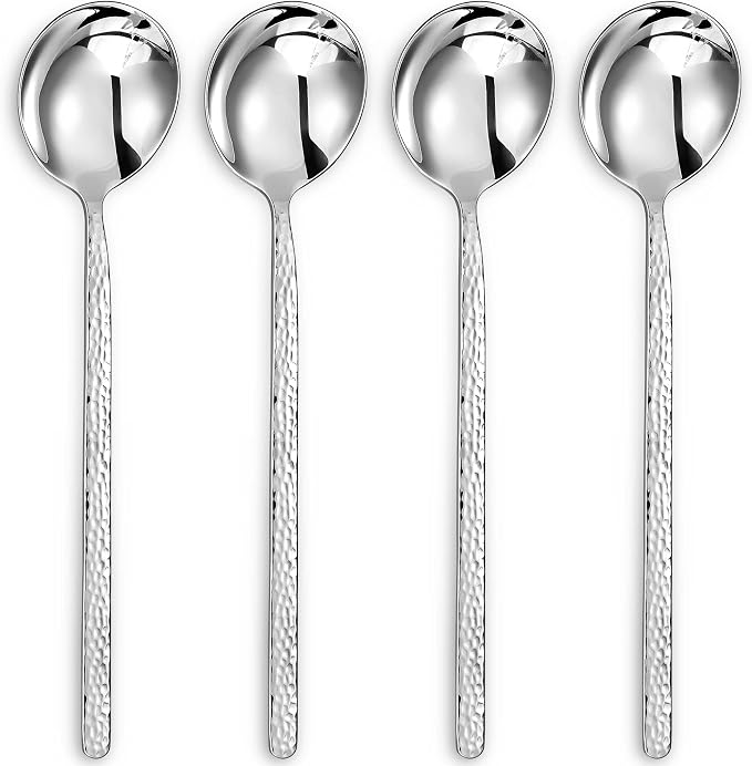 KEAWELL Premium Korean Soup Spoons with Long Handles, Set of 4, 18/10 Stainless Steel, Dishwasher Safe (Hammered)