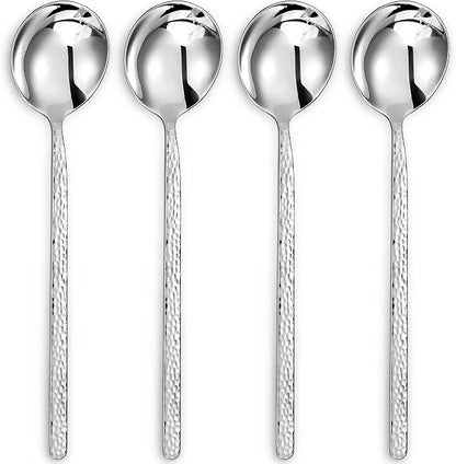 KEAWELL Premium Korean Soup Spoons with Long Handles, Set of 4, 18/10 Stainless Steel, Dishwasher Safe (Hammered)