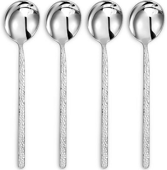 KEAWELL Premium Korean Soup Spoons with Long Handles, Set of 4, 18/10 Stainless Steel, Dishwasher Safe (Hammered)