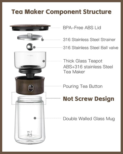 ZENS Modern Glass Infuser Teapot, One Touch Tea Maker for Loose Leaf Tea with Insulated Mug and Portable Case. Enchanted Pot Alternatives for Tea Lover Gifts