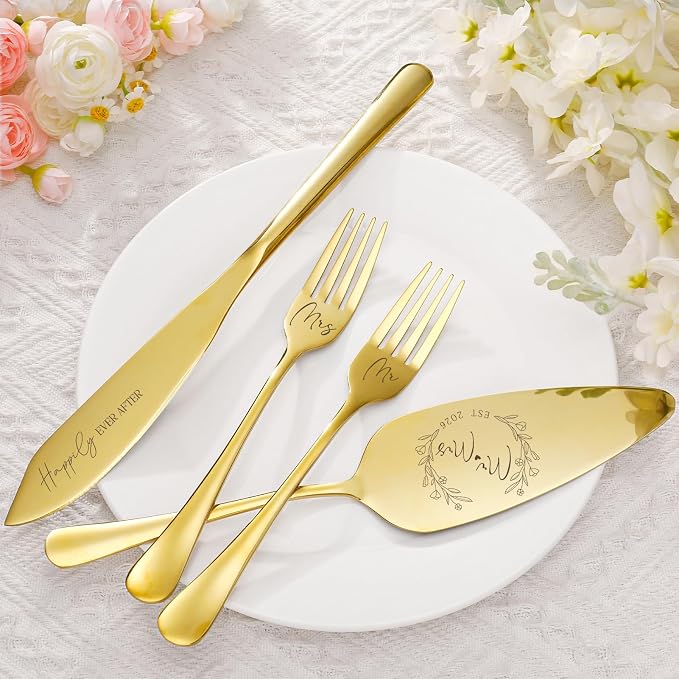 Wedding Cake Knife and Server Set, 4 Pack Stainless Steel Cake Cutting Knife, Slicer and Forks Server for Wedding, Anniversary, Birthday, Baby Shower(Gold 2026)