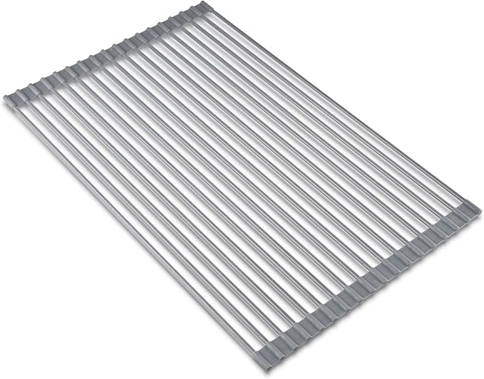 edge Roll Up Dish Drainer, Over The Sink Multi-Purpose Foldable Drying Rack, Silicone Coated Gray, Medium- 17" x 13.1"