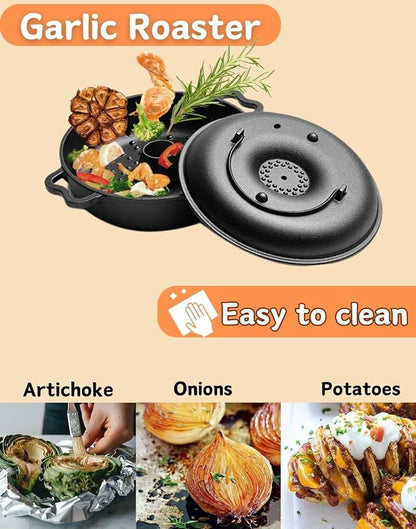 Large Garlic Roaster, Cast Iron Garlic Roaster for Oven Grill, Cast Iron Skillets Pan for BBQ, Picnic Garlic Baker with 2 Garlic Presses
