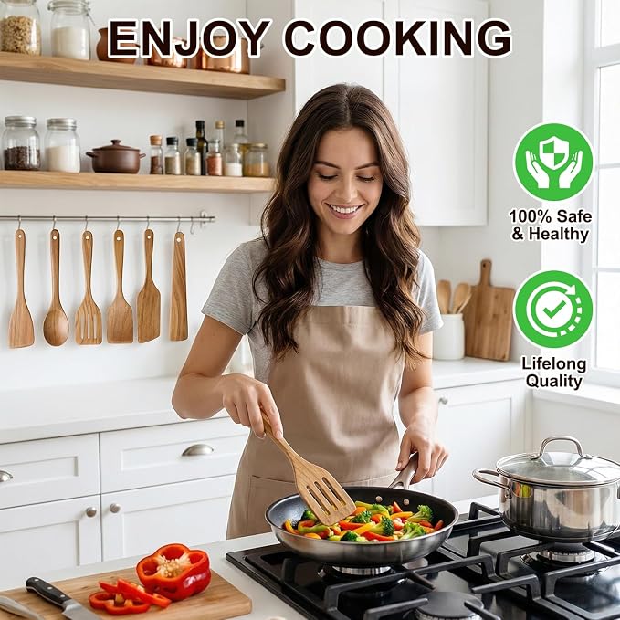 Best Non Toxic Wooden Spatula for Cooking Utensil Set Acacia Wood Spatula Set of 4, Bamboo Cooking Spoon Flat Slotted Turner Spatulas for Kitchen Use Cast Iron Scraper Spurtle Thin Egg Flipper Spatula