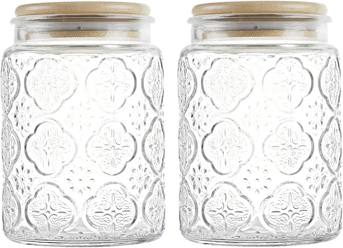 Custde Glass Storage Jars With Airtight Lid, 23.7oz Canister For Kitchen Counter with Bamboo Lid, brown sugar, candy, coffee, cookie, salt, tea,pantry cute Jar (Begonia Flowers*2)