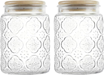 Custde Glass Storage Jars With Airtight Lid, 23.7oz Canister For Kitchen Counter with Bamboo Lid, brown sugar, candy, coffee, cookie, salt, tea,pantry cute Jar (Begonia Flowers*2)