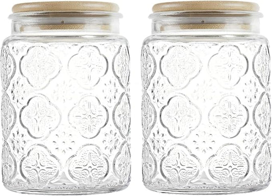 Custde Glass Storage Jars With Airtight Lid, 23.7oz Canister For Kitchen Counter with Bamboo Lid, brown sugar, candy, coffee, cookie, salt, tea,pantry cute Jar (Begonia Flowers*2)