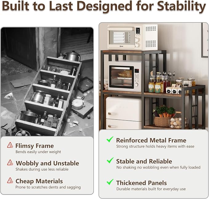METYERRY 6-Tier Adjustable Mini Fridge Cabinet with Power Outlet,Kitchen Bakers Rack with Storage,Mini Fridge and Microwave Stand,Coffee Bar, Free Standing Shelf for Kitchen, Home Office,Rustic Brown