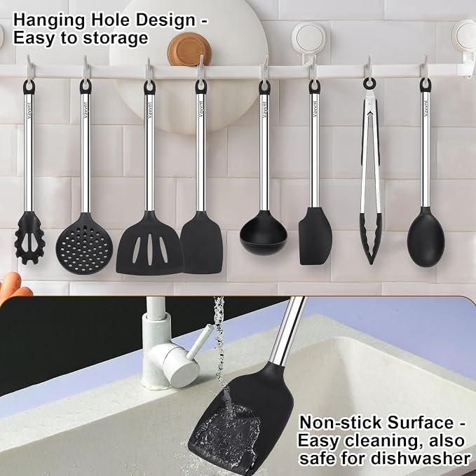 Silicone Cooking Utensils Set, Vayvnt 8 PCS Kitchen Utensils Set with Stainless Steel Handle, Heat Resistant Kitchen Tools for Nonstick Cookware, Large Spatula Spoons Turner, Dishwasher Safe, Black