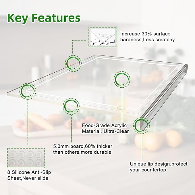 Acrylic Cutting Board with Juice Groove, Non Slip Clear Cutting Board with Counter Lip, 17.5x13.5 Inch Cutting Boards for Kitchen Countertop, Dough Mat, Kitchen Gadgets 2026, Gifts for Women