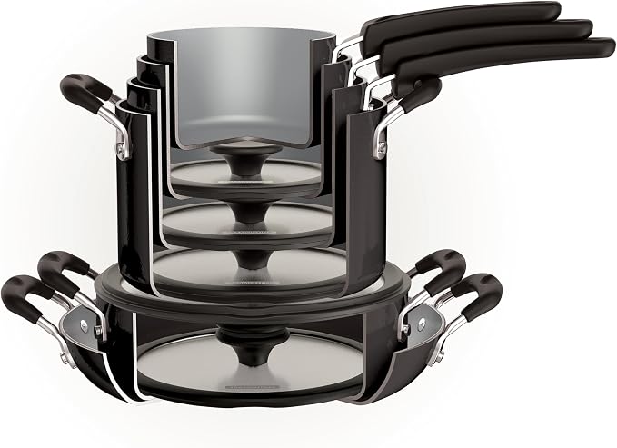Tramontina Ceramic Non Stick 11-Piece Nesting Pots and Pans Set with Lids - Stackable Nonstick Cookware Set, Dishwasher and Oven Safe, Dark Gray