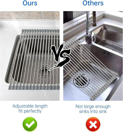 Expandable Roll Up Dish Drying Rack Over The Sink Rack, Large Dish Drainer Rack for Stainless Steel Sinks, Non-Slip Silicone Collapsible Rack 18 Tube for Kitchen, Sliver Gray