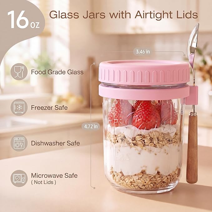 HomArtist Glass Overnight Oats Containers with Lids and Spoon, 16oz Wide Mouth Mason Jars for Overnight Oats, Cereal, Yogurt, Salad Lunch Container with Measurement Marks - Pink 4 Pack