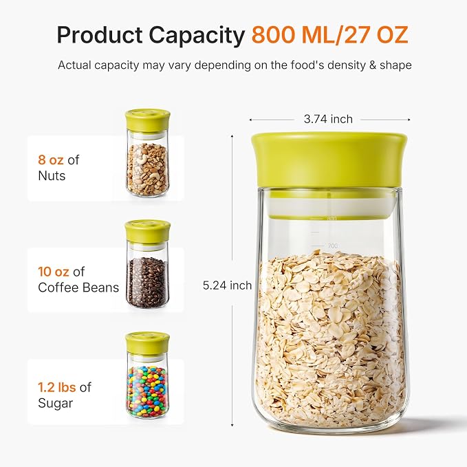 Airtight Glass Jar with Rotary Lid, 27oz Borosilicate Food Storage Jar with Measurement Marks, Wide Mouth Pantry Canister for Coffee Beans, Oats, Rice, Sugar, Snack, Sourdough Starter, Flour