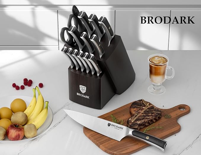 BRODARK 15 PCS Knife Set with Block,Pakkawood Handle Kitchen Knife Set | Ultra Sharp Chef Knife set with sharpener, High Carbon Stainless Steel, Non-Slip Grip for Cooking, Gift Box for Dad Father