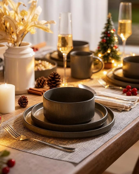 Famiware Star Dinnerware Set with Mugs, Service for 4 (16pcs), Ribbed Stoneware Plates and Bowls Dishes Sets - Chip & Scratch Resistant, Microwave & Dishwasher Safe, Matte Dark Charcoal