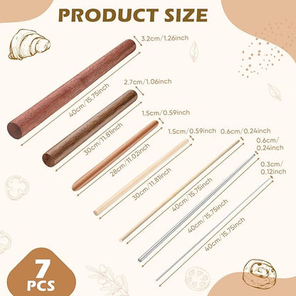 Baderke 7 Pcs Italian Rolling Pins Set Wood and Stainless Steel Pasta Rolling Pin Dough Pasta Roller for Making Wontons, Dumplings, Pastas, Ramen, Udon Noodles, Flat Bread, Tortillas