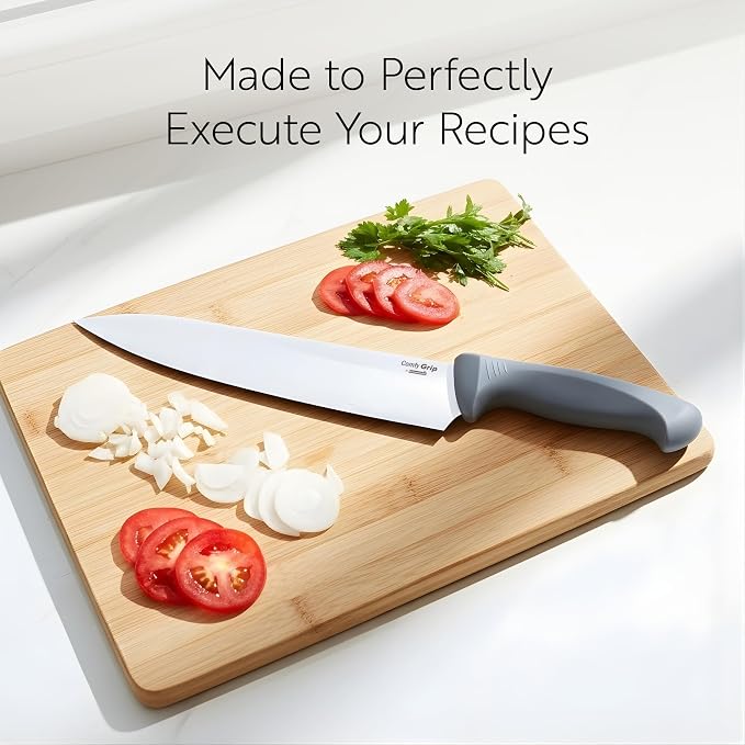 Restaurantware Comfy Grip 10 Inch Chef's Knife 1 Sharp Cooking Knife - Ergonomic Handle Non-Slip Grip Gray Stainless Steel Kitchen Knife Dishwashable Slice Dice Mince or Chop Ingredients