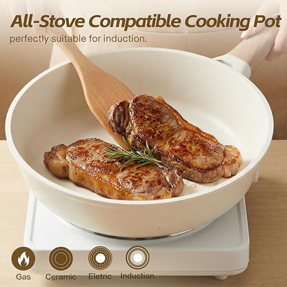 Ceramic Nonstick Frying Pan with Lid, 4.0 QT Sauté Pan Large Capacity Skillet, Non Stick Deep Frying Pan Induction Compatible White Granite Coating PFOA/PFAS Free Non-toxic Healthy Kitchen Cookware