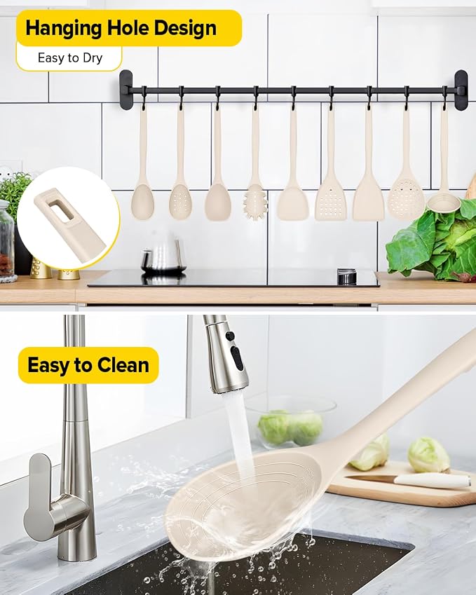 Silicone Cooking Utensils Set, 9 Pcs Heat Resistant Kitchen Utensils with Back Hooks, BPA Free Kitchen Tools with Spatulas, Spoons, Skimmer and Pasta Fork for Non Stick Cookware(KHAKI)