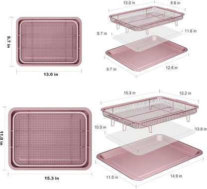 Oven Air Fryer Basket and Tray, OPENICE 2 Set Air Fryer Basket and Tray for Oven with 60 Pcs Parchment Paper, Air Fryer Pan Crisper Tray for Baking, Crisping - Pink