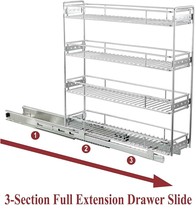 OCG 4-Tier Pull Out Kitchen Cabinet Spice Rack Holder Shelves (5" W x 21" D), Slide Out Slim Storage Wire Baskets for Storage Organization, Narrow Pull Out Storage for Narrow Space
