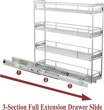 OCG 4-Tier Pull Out Kitchen Cabinet Spice Rack Holder Shelves (5" W x 21" D), Slide Out Slim Storage Wire Baskets for Storage Organization, Narrow Pull Out Storage for Narrow Space